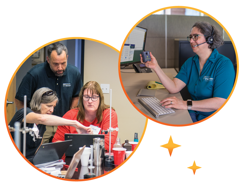Two images of Vernier employees providing professional development and support, in-person and virtually.